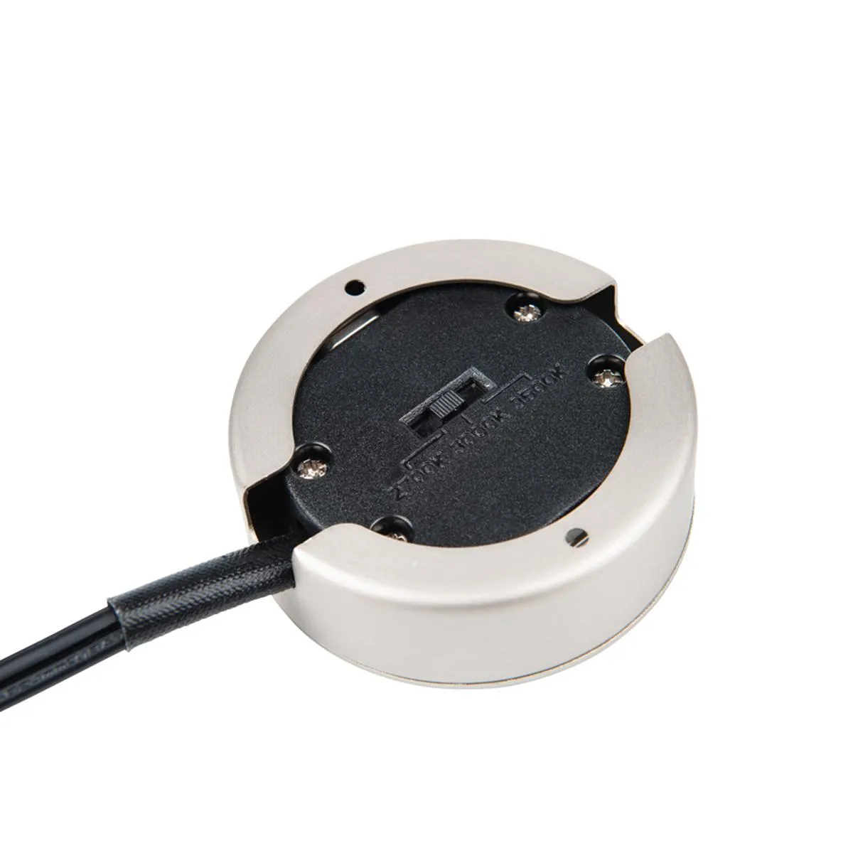120V 3-CCT Puck Light with Lead Wire, 3" Wide, 27K|30K|35K, Black