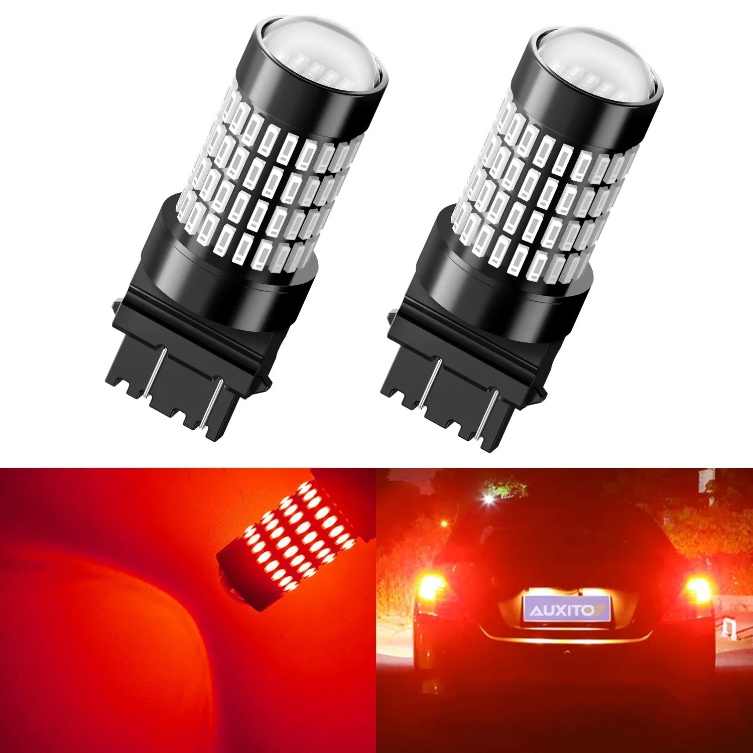 3157 Red LED Bulb for Tail Brake Lights, 400% Brighter 3056 3156 3057 4157 LED Bulbs 102-SMD Chipsets with Projector for Tail Stop Brake Lights