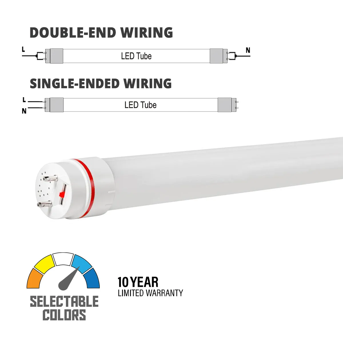 4ft LED T8 Tube, 13 Watts, 2000 Lumens, 3000K to 6500K, Type A B, Single|Dual End