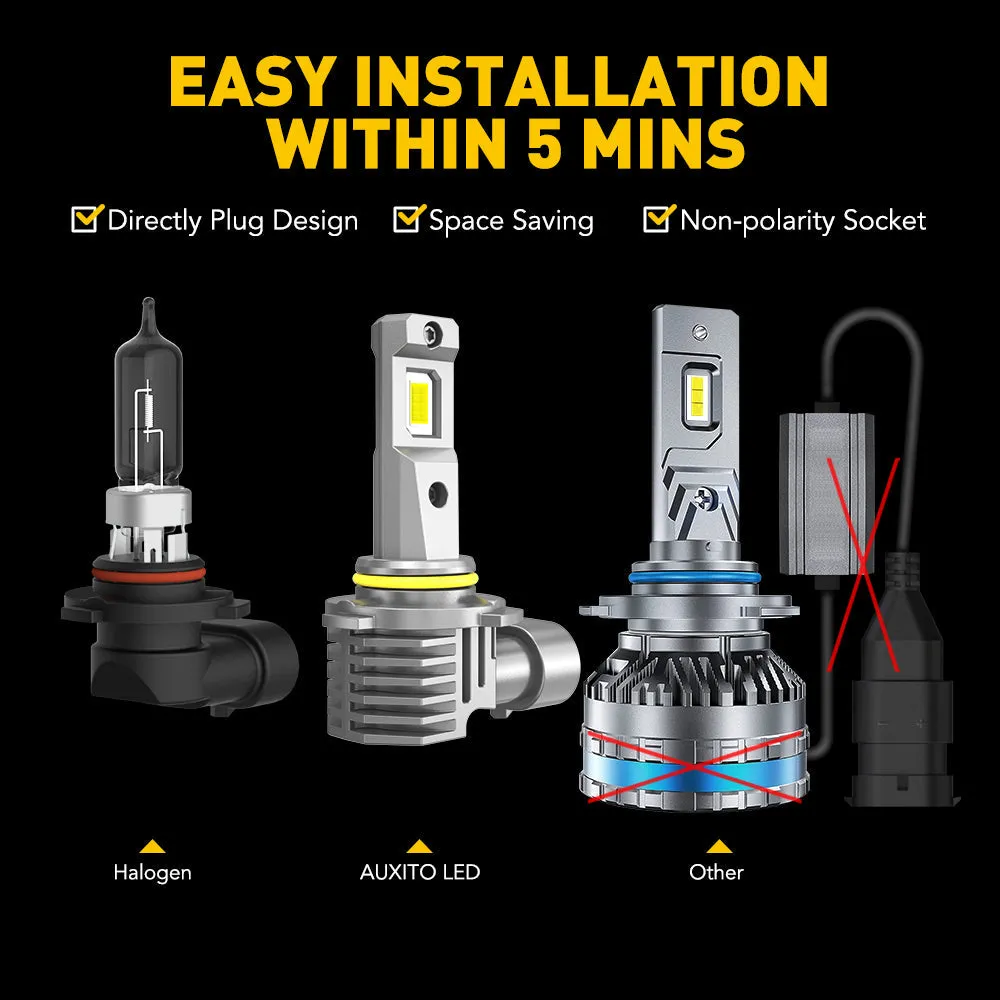 AUXITO 9005 Headlight Bulbs, 6500K White, 600% Brighter 9005 LED Bulb for High Beam Low Beam, HB3 LED Headlight Bulb, Pack of 2