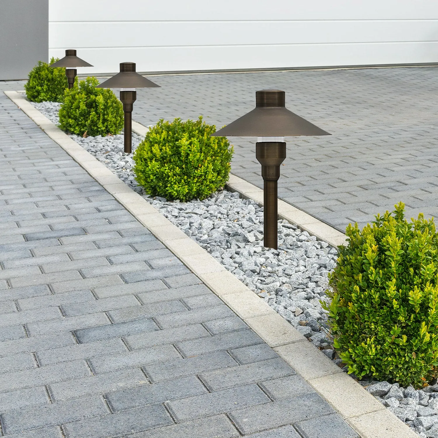 Brass Landscape Pathway Light, Smooth Small Hooded, Low Voltage, Plastic Spike Included