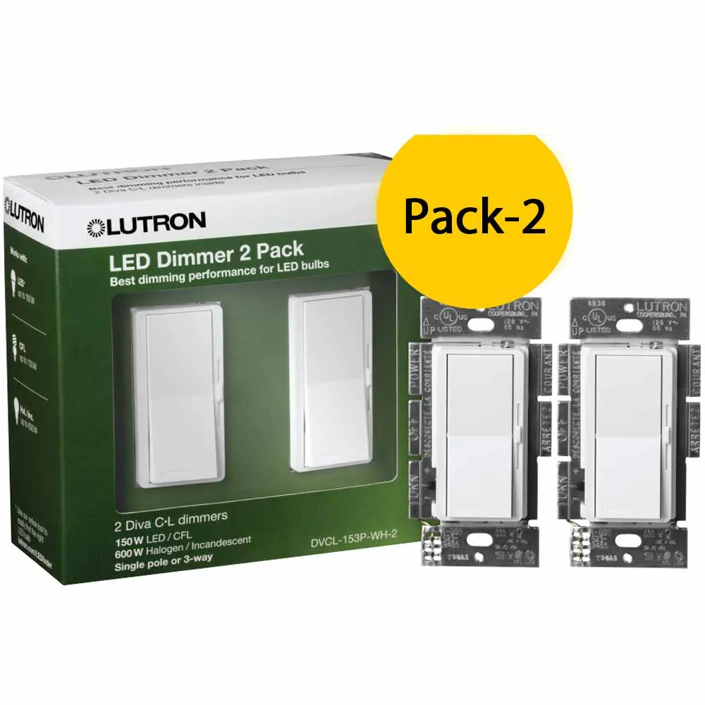 Diva LED  Dimmer Switch, 150-Watt, Single Pole or 3-Way, White 2-Pack