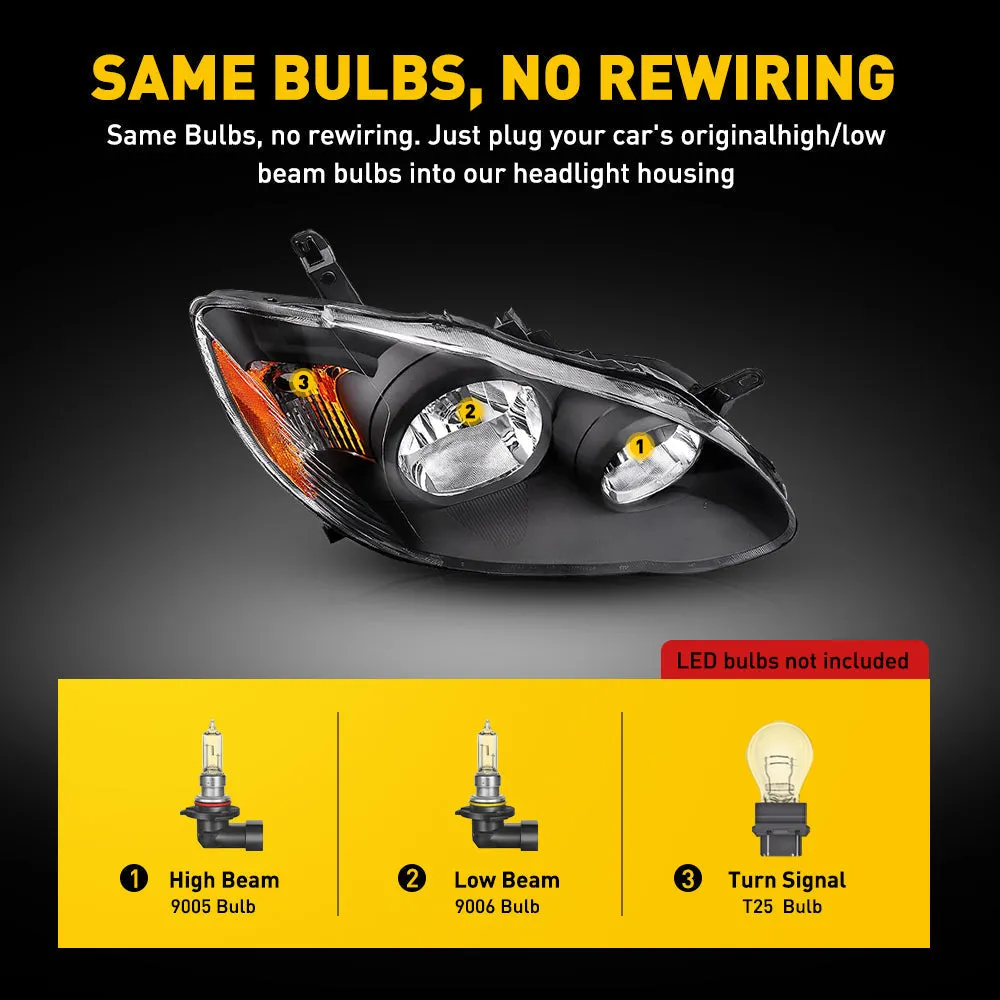 Fits 2003-2008 Toyota Corolla Headlight Assembly Black Housing Clear Lens