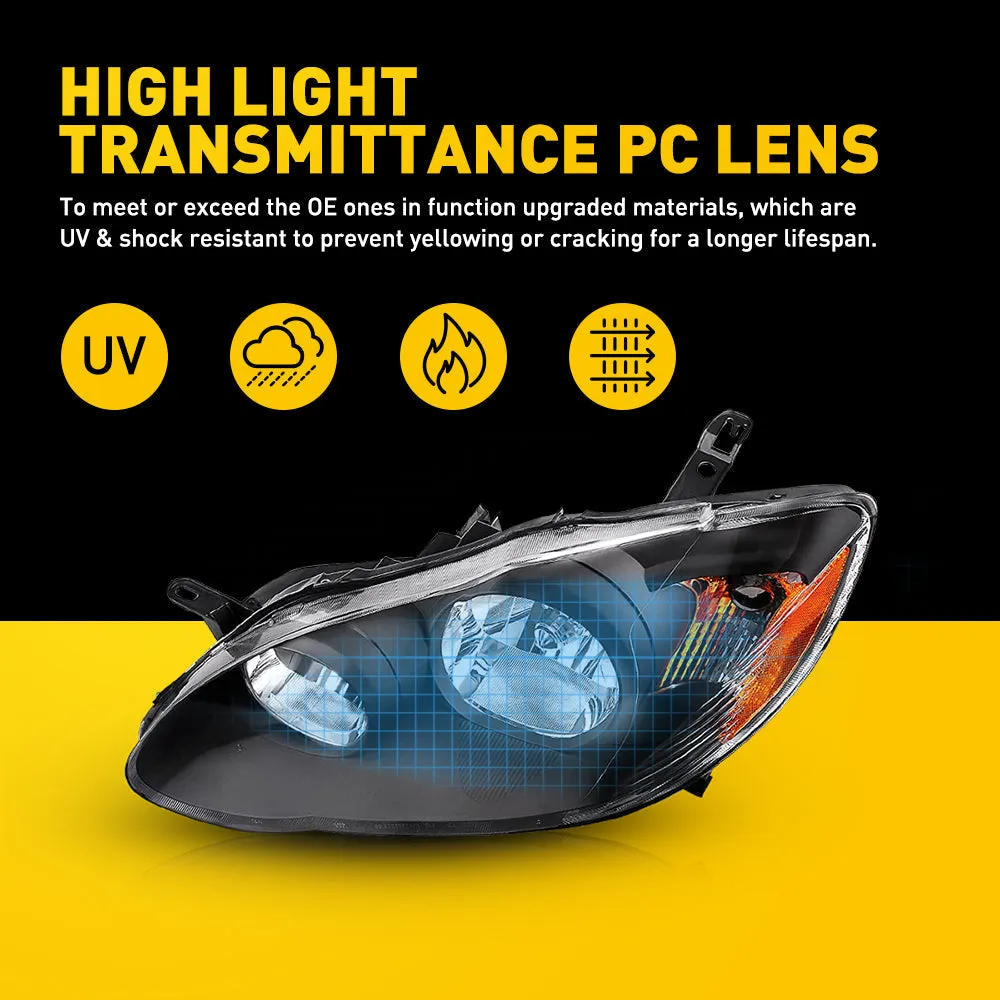Fits 2003-2008 Toyota Corolla Headlight Assembly Black Housing Clear Lens