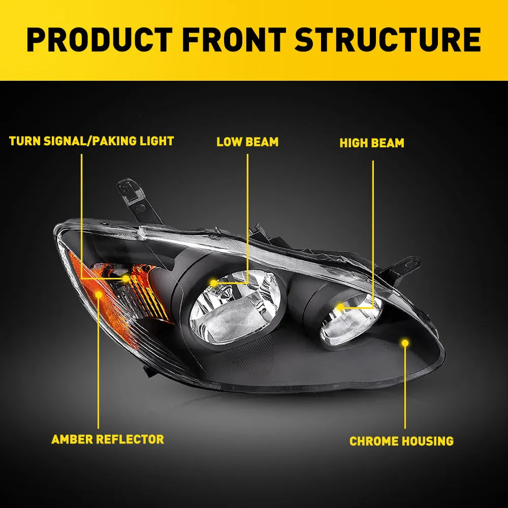 Fits 2003-2008 Toyota Corolla Headlight Assembly Black Housing Clear Lens