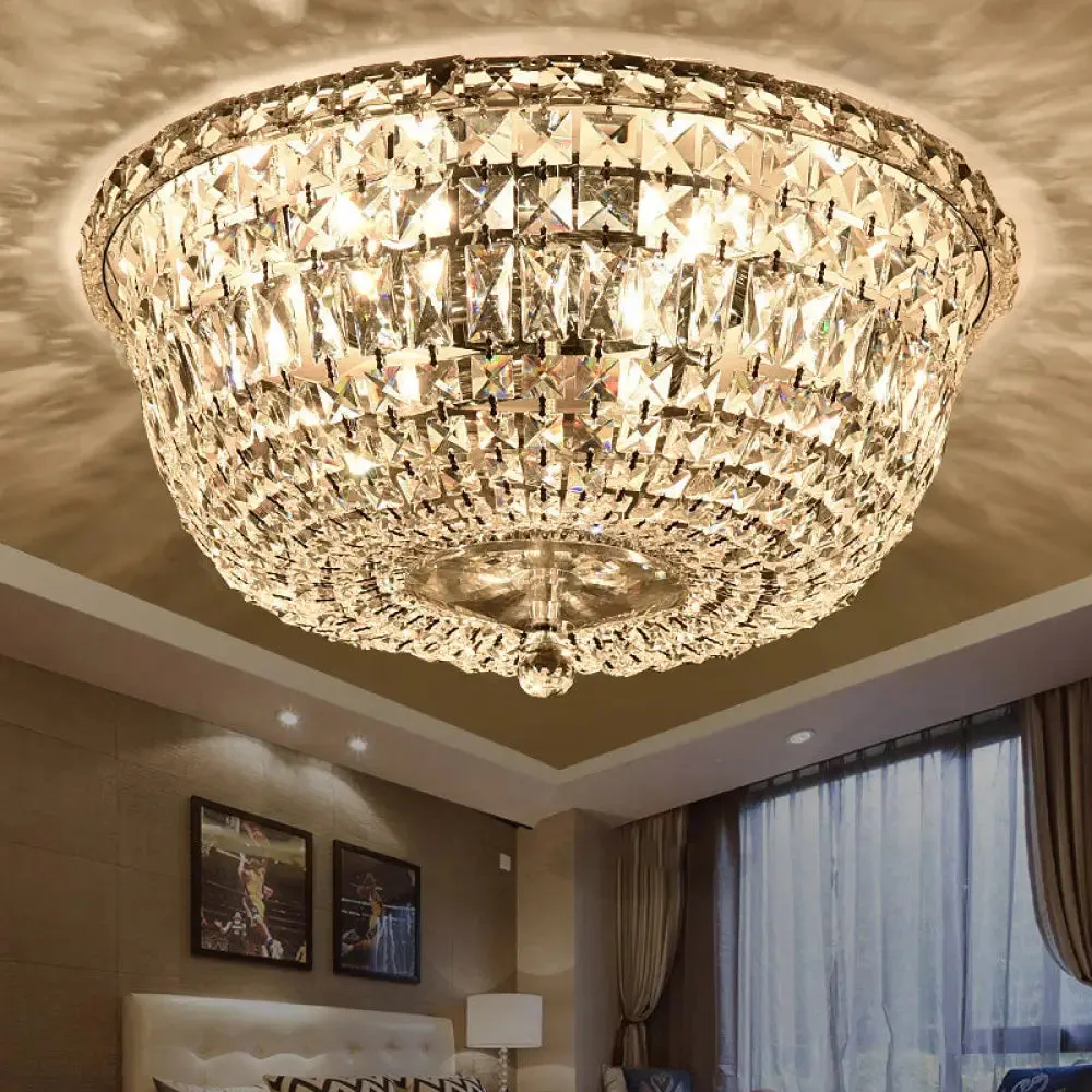 Flush Mount Crystal Prisms Ceiling Light Fixture - Modern Stylish, Clear Finish, Available in 3 or 6 Lights, 14"/19.5" W Bowl Shade