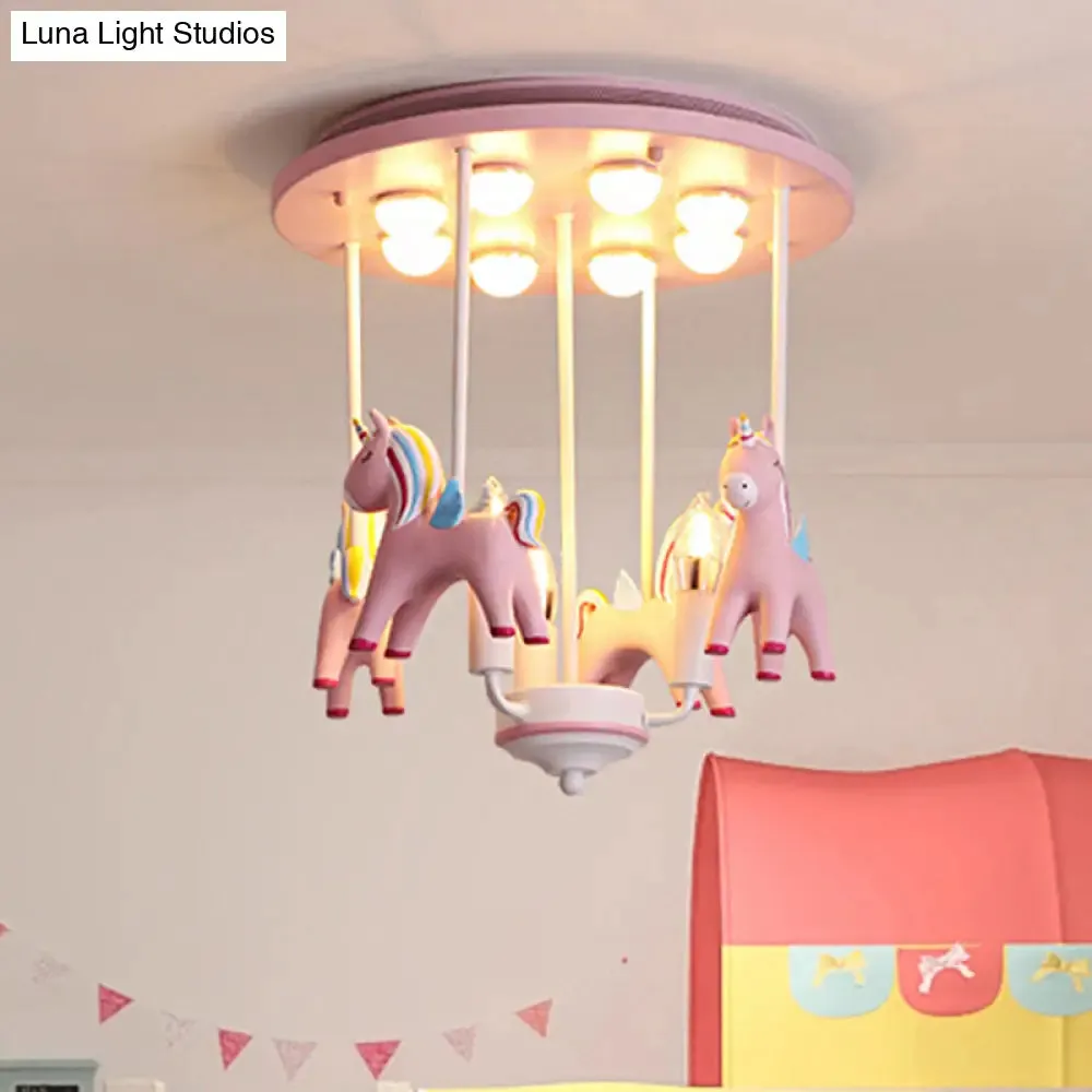 Fun-filled Kindergarten Semi Flush Ceiling Light: Resin Kids Ceiling Lamp in Pink Finish