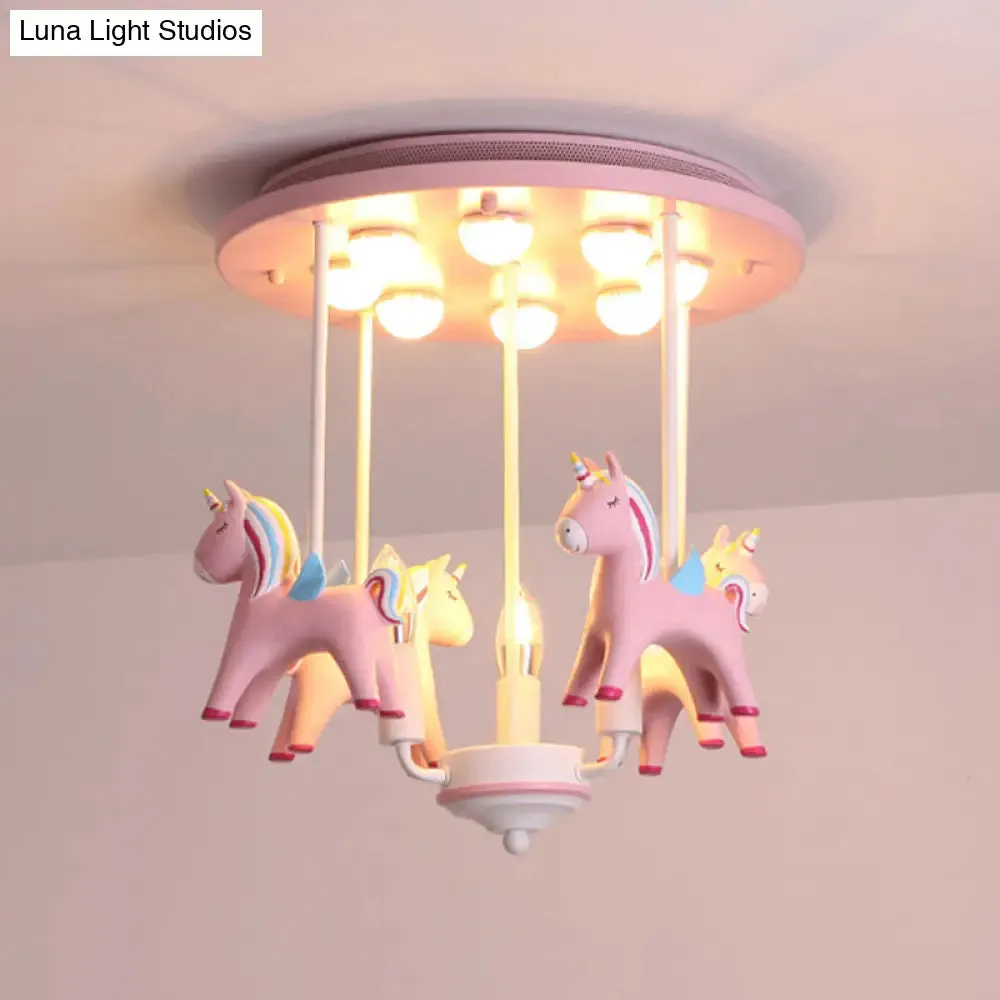 Fun-filled Kindergarten Semi Flush Ceiling Light: Resin Kids Ceiling Lamp in Pink Finish