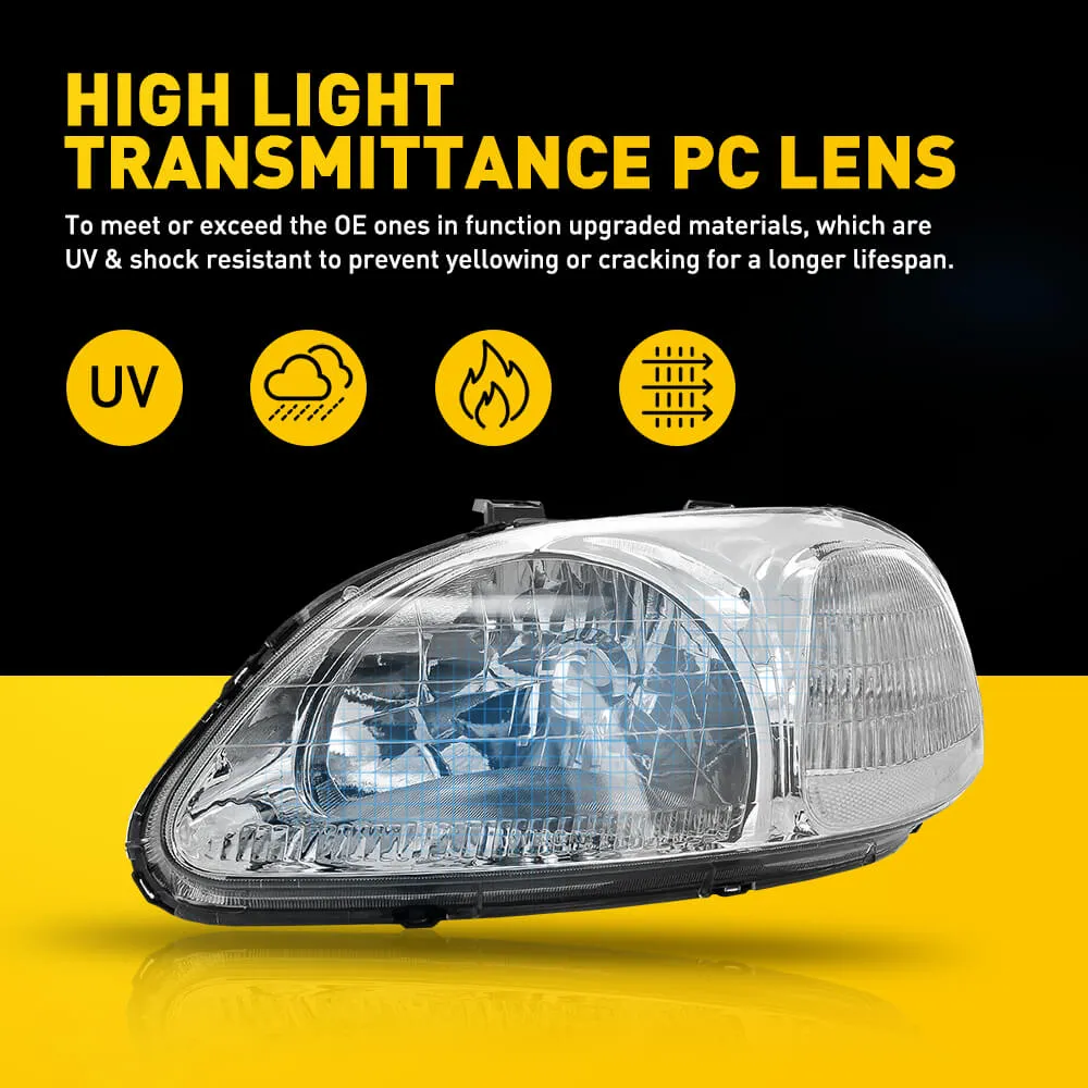Headlight Assembly Compatible with 1996-1998 Honda Civic Chrome Housing White Reflector Pair