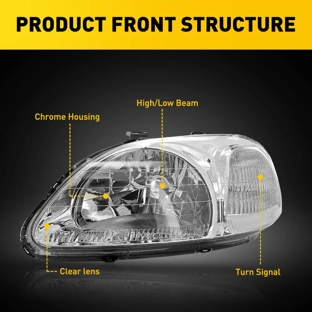 Headlight Assembly Compatible with 1996-1998 Honda Civic Chrome Housing White Reflector Pair