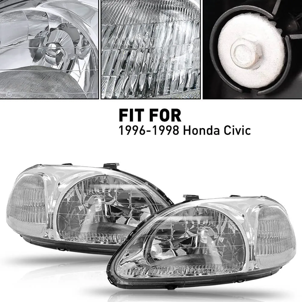 Headlight Assembly Compatible with 1996-1998 Honda Civic Chrome Housing White Reflector Pair