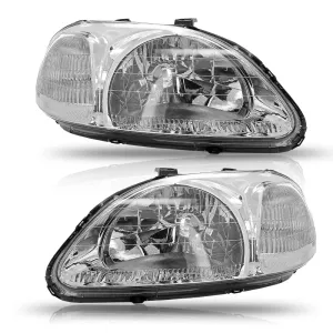 Headlight Assembly Compatible with 1996-1998 Honda Civic Chrome Housing White Reflector Pair