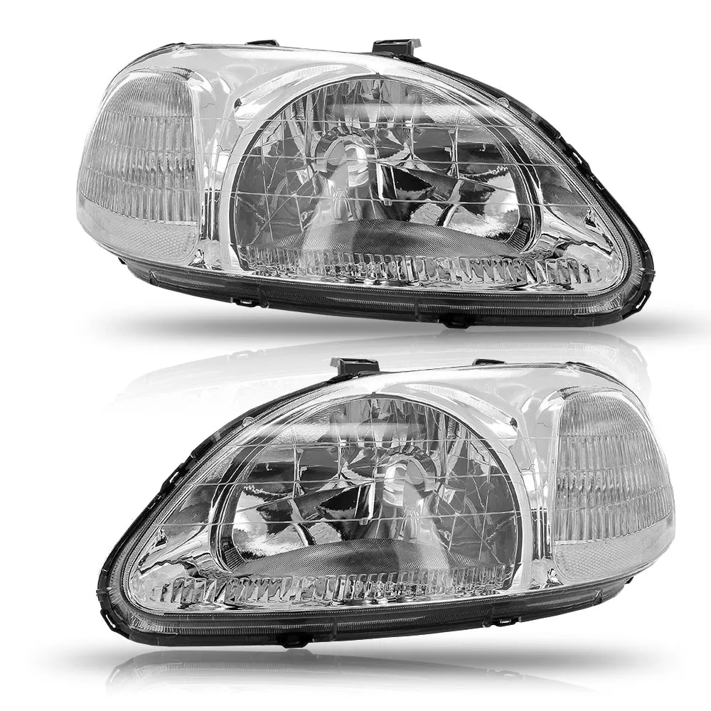 Headlight Assembly Compatible with 1996-1998 Honda Civic Chrome Housing White Reflector Pair