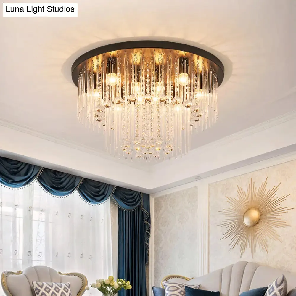 Modernist Black Tiered Flush Ceiling Light: 19.5"/23.5" Dia, 8-Light Crystal Lamp