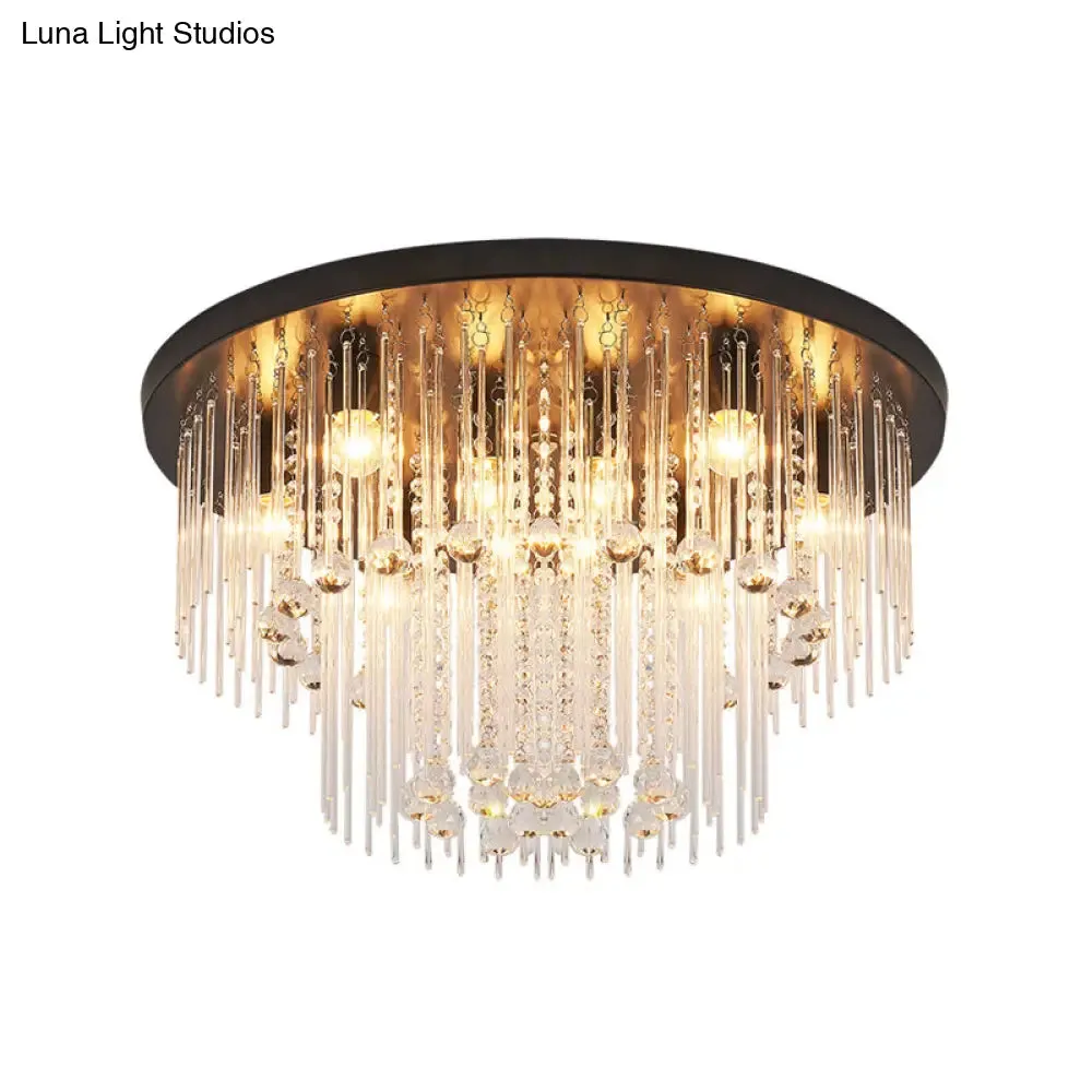 Modernist Black Tiered Flush Ceiling Light: 19.5"/23.5" Dia, 8-Light Crystal Lamp