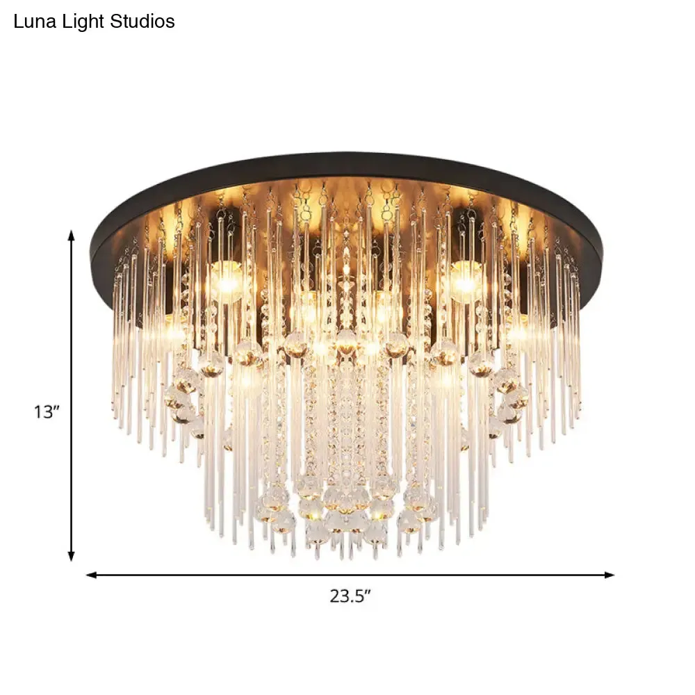 Modernist Black Tiered Flush Ceiling Light: 19.5"/23.5" Dia, 8-Light Crystal Lamp