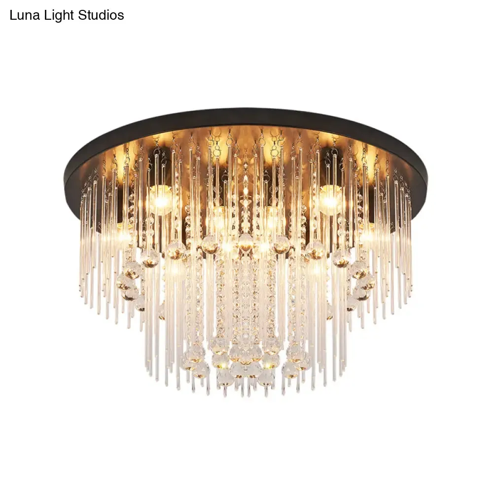 Modernist Black Tiered Flush Ceiling Light: 19.5"/23.5" Dia, 8-Light Crystal Lamp