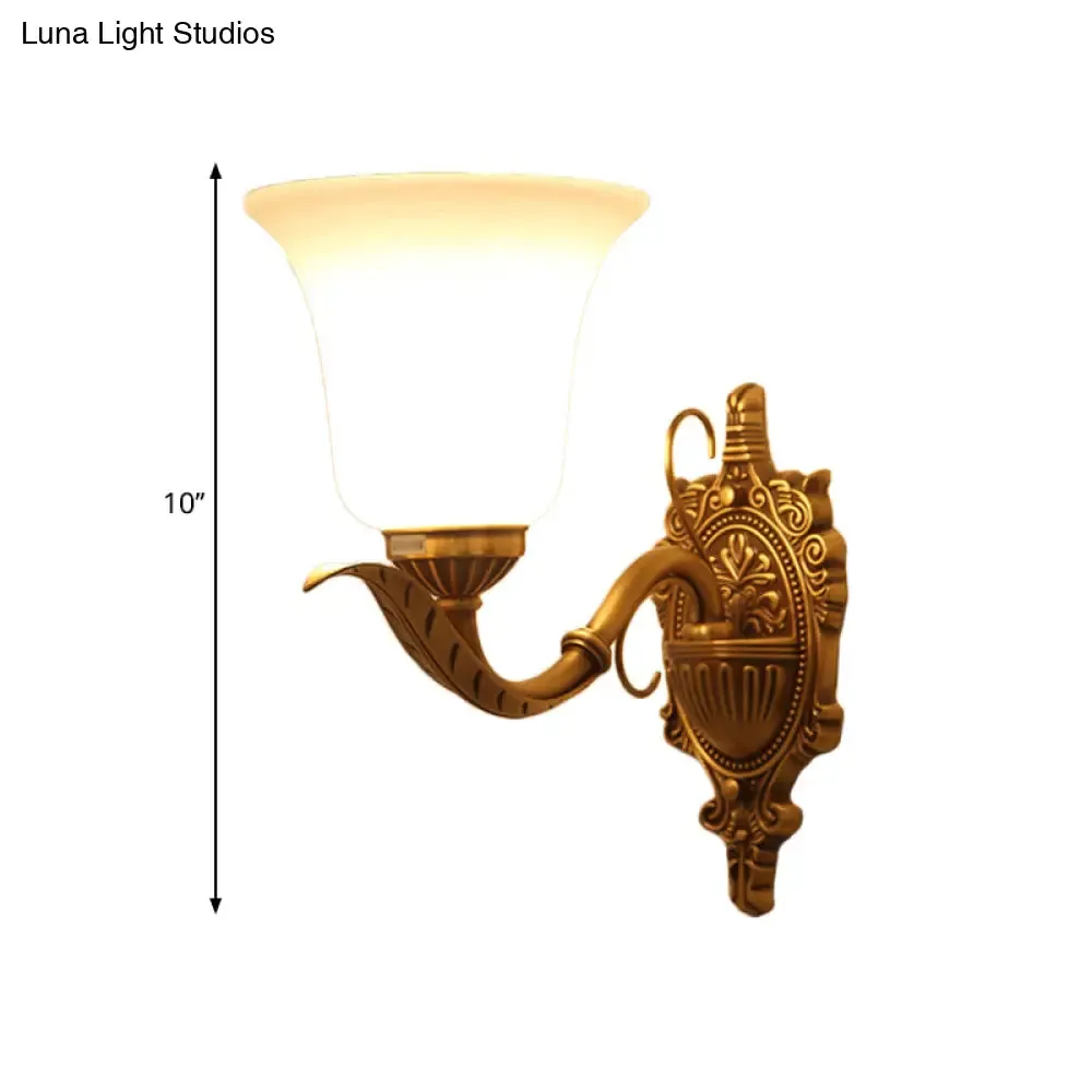Opal Glass Brass Wall Mount Light - Traditional Style with Carved Backplate - 1 Light Bell Shade