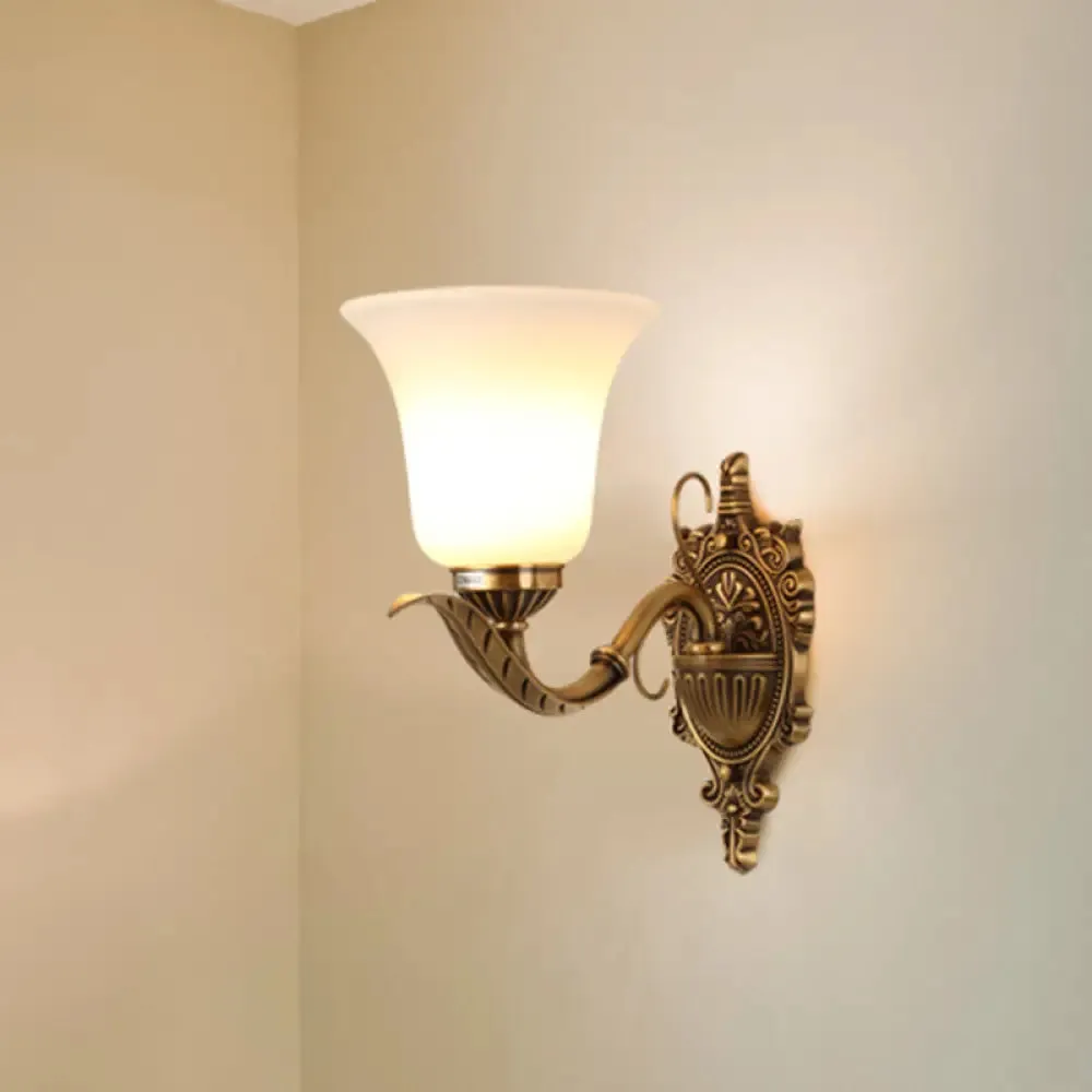 Opal Glass Brass Wall Mount Light - Traditional Style with Carved Backplate - 1 Light Bell Shade