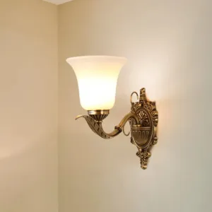 Opal Glass Brass Wall Mount Light - Traditional Style with Carved Backplate - 1 Light Bell Shade