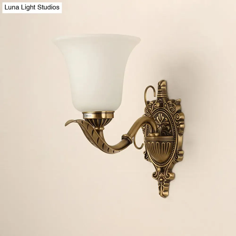 Opal Glass Brass Wall Mount Light - Traditional Style with Carved Backplate - 1 Light Bell Shade