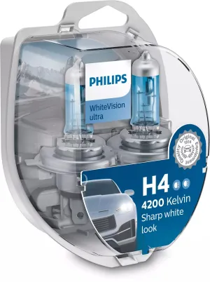 Philips WhiteVision Ultra H4 | sharp white look halogen bulbs | 12342WVUSM