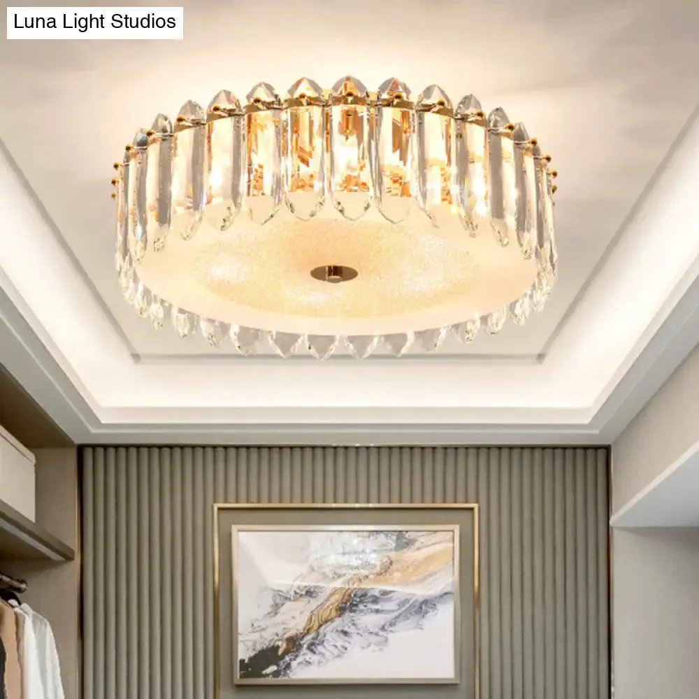 Simple Gold Flushmount Lighting - Drum Crystal Fixture with 6 Bulbs for Bedroom