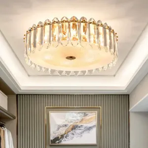 Simple Gold Flushmount Lighting - Drum Crystal Fixture with 6 Bulbs for Bedroom