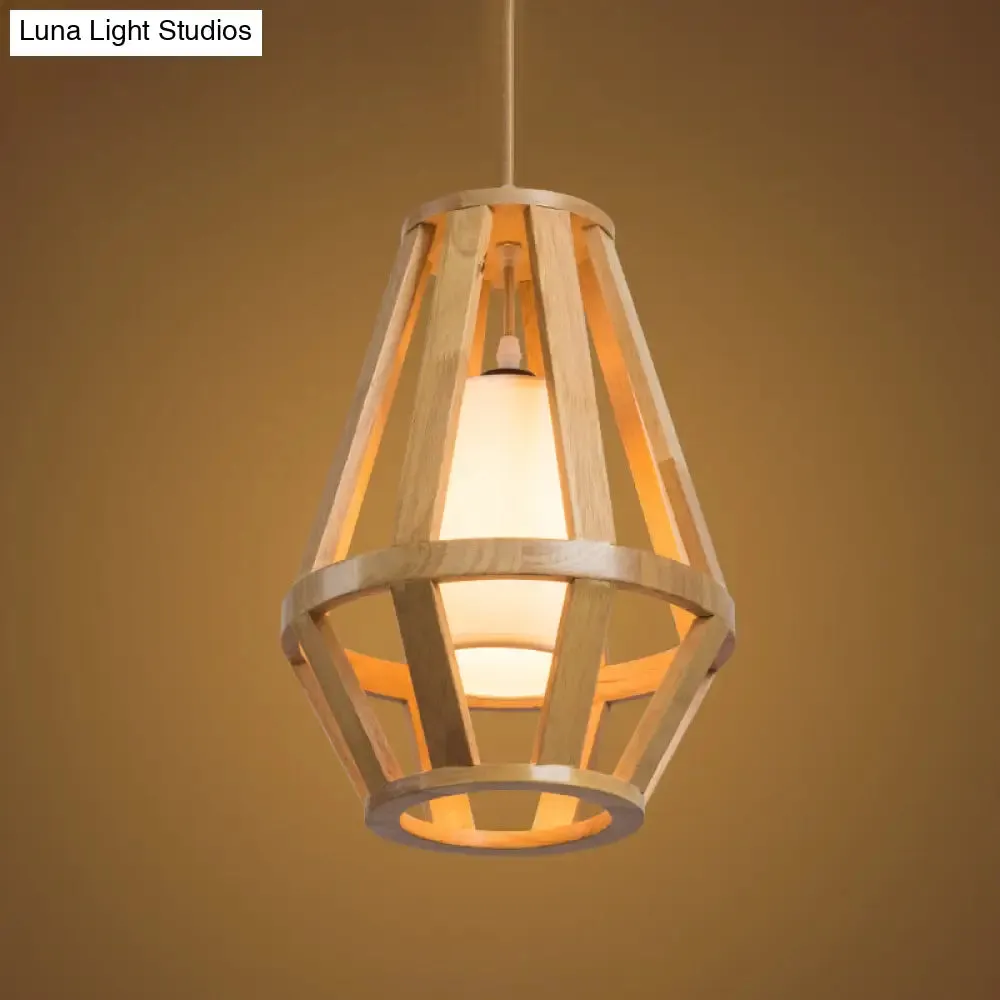 Stylish Asian Pendant Light with Wood Finish, Single Bulb, and White Cylinder Shade