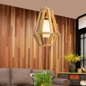 Stylish Asian Pendant Light with Wood Finish, Single Bulb, and White Cylinder Shade