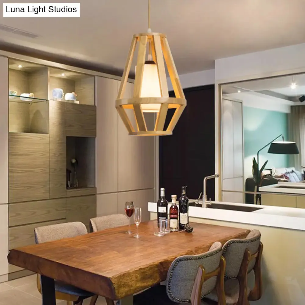 Stylish Asian Pendant Light with Wood Finish, Single Bulb, and White Cylinder Shade